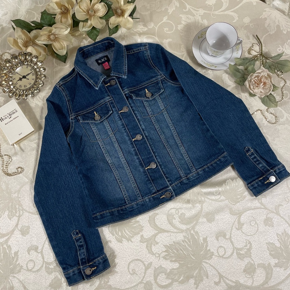 Place Children's Girl's Blue Denim Jean Stretch Jacket Size XL/14 Button Collar